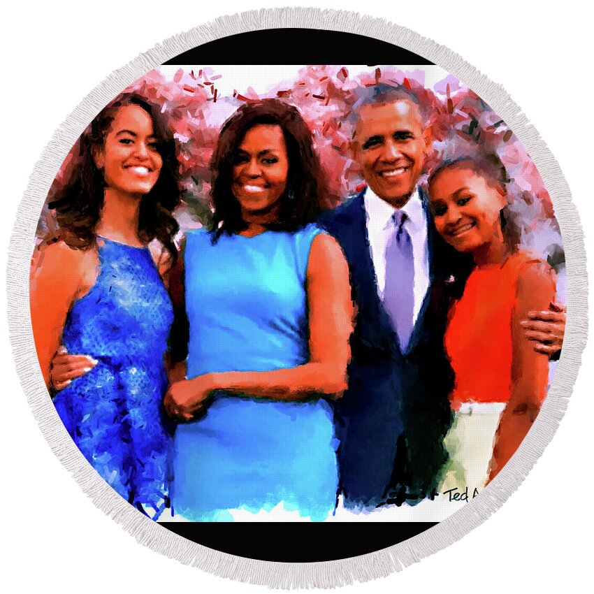 President Obama Round Beach Towel featuring the digital art The Obama Family by Ted Azriel