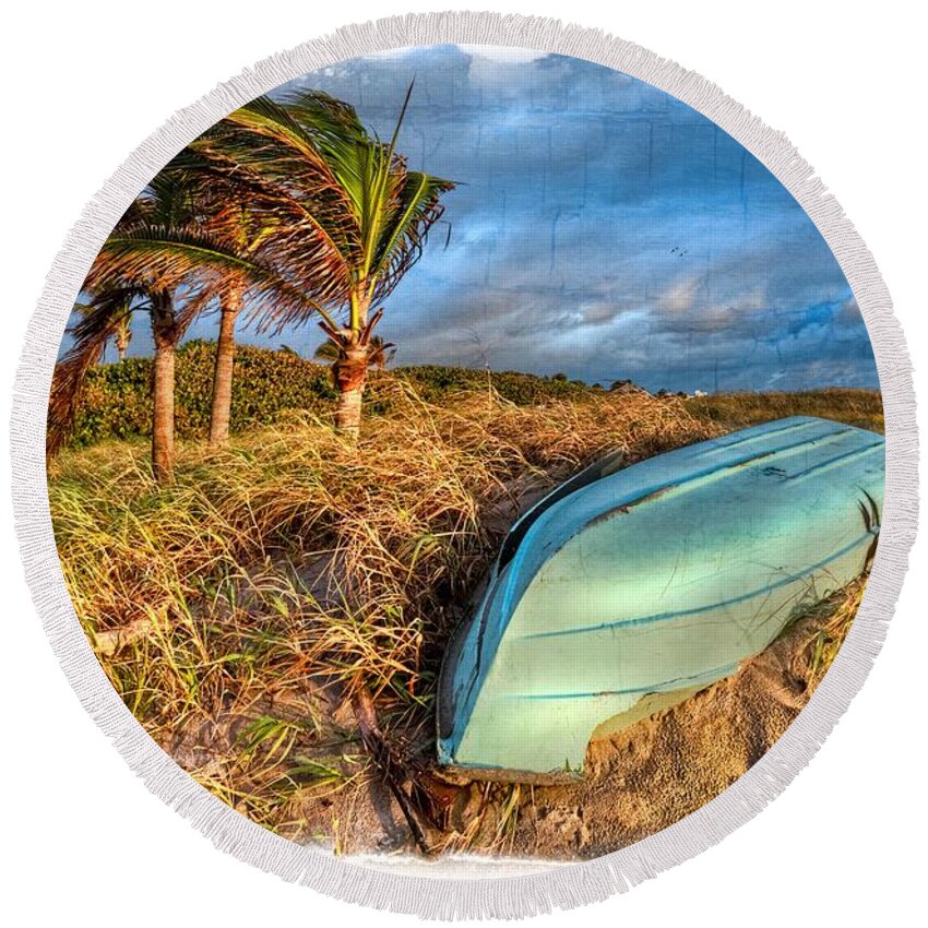 Boats Round Beach Towel featuring the photograph The Old Blue Boat by Debra and Dave Vanderlaan