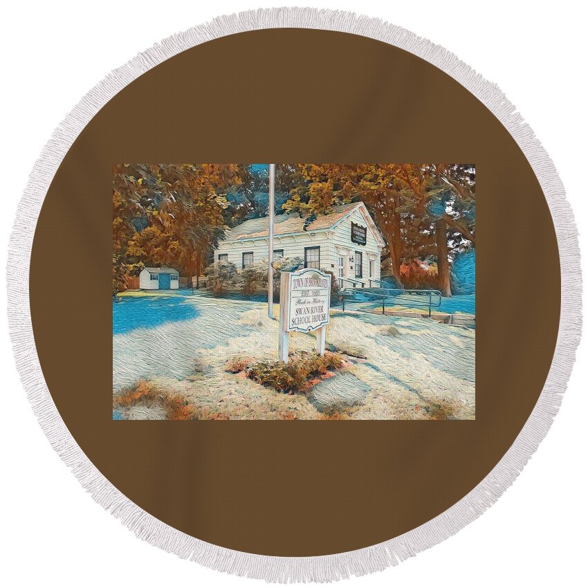 Schoolhouse Round Beach Towel featuring the mixed media The Old Brookhaven Schoolhouse by Stacie Siemsen