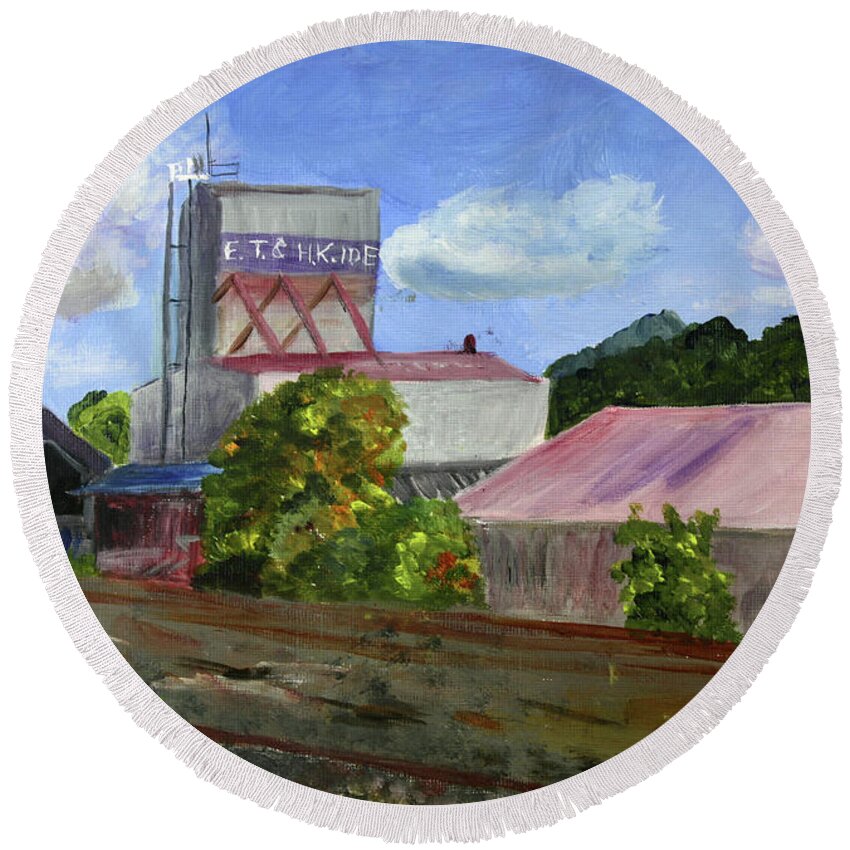 Art Round Beach Towel featuring the painting The Old Grain Mill by Donna Walsh
