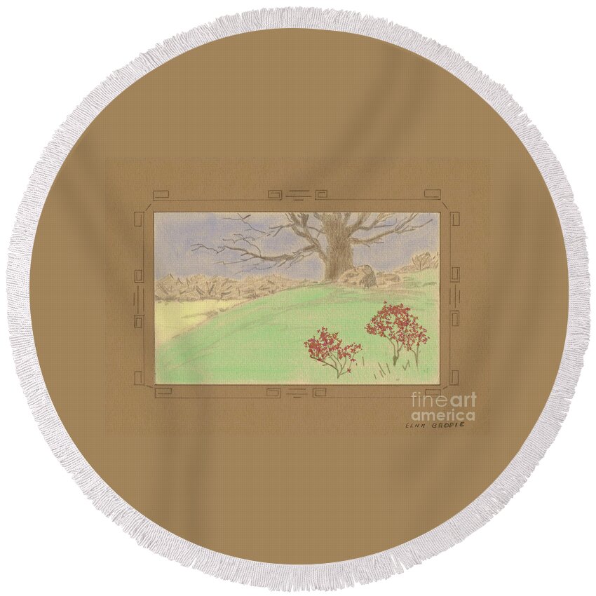 Gully Round Beach Towel featuring the drawing The Old Gully Tree by Donna L Munro