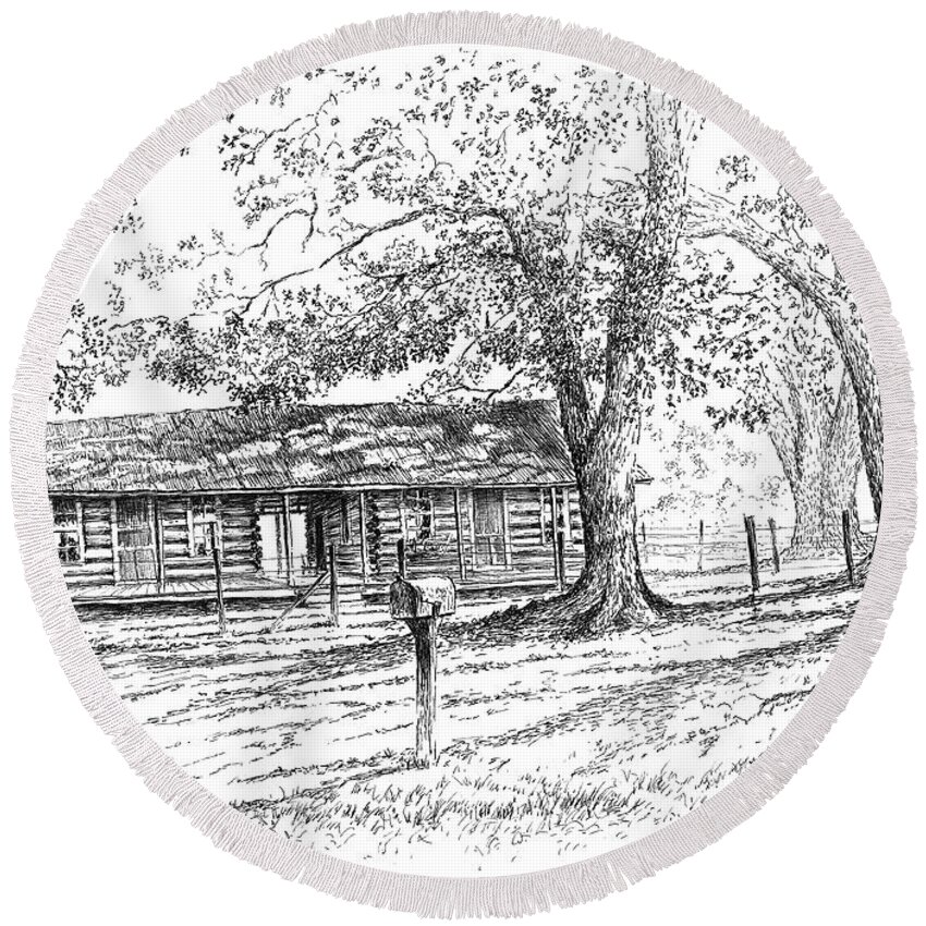 Homeplace Round Beach Towel featuring the drawing The Old Homeplace by Randy Welborn