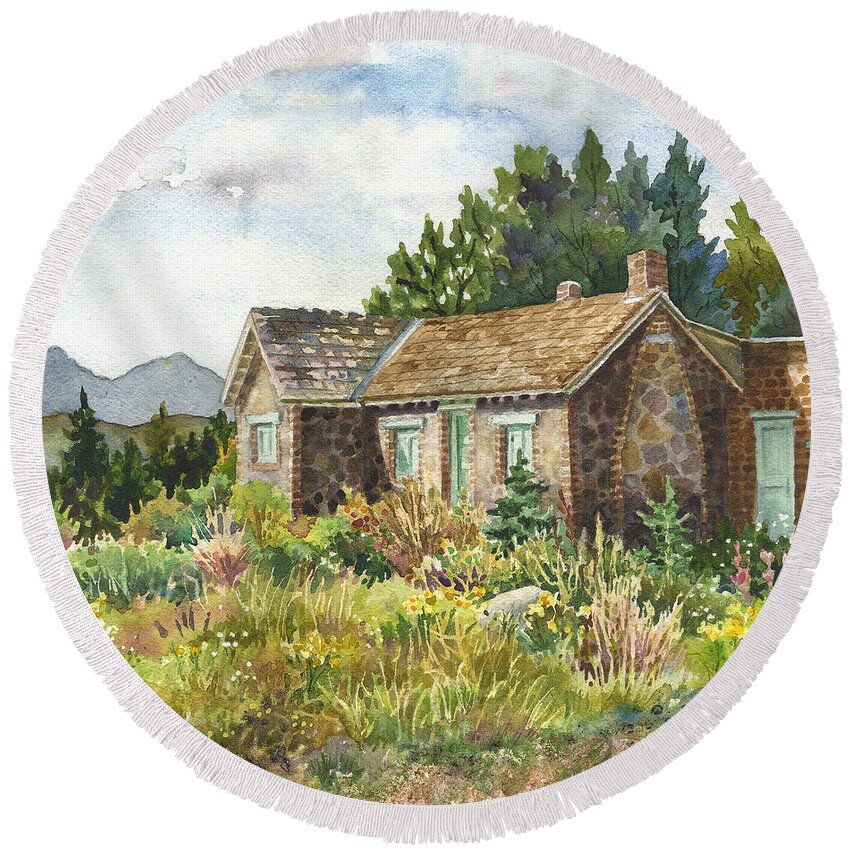 Stone House Painting Round Beach Towel featuring the painting The Old Moore House at Caribou Ranch by Anne Gifford