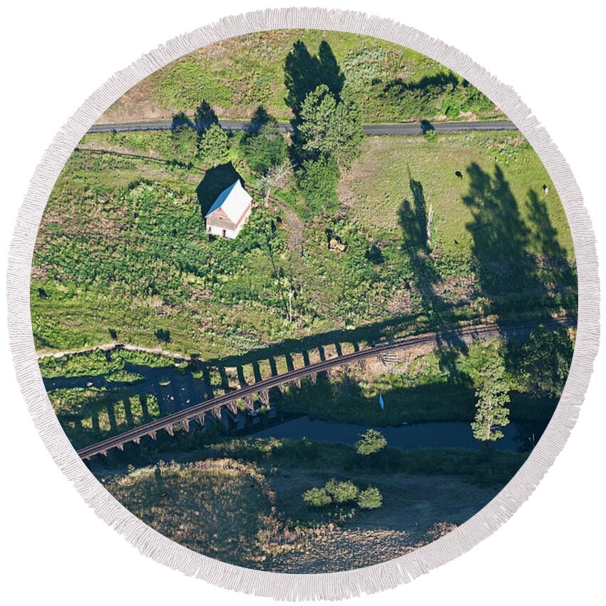 Aerial Round Beach Towel featuring the photograph The Old Palouse Line. by Doug Davidson