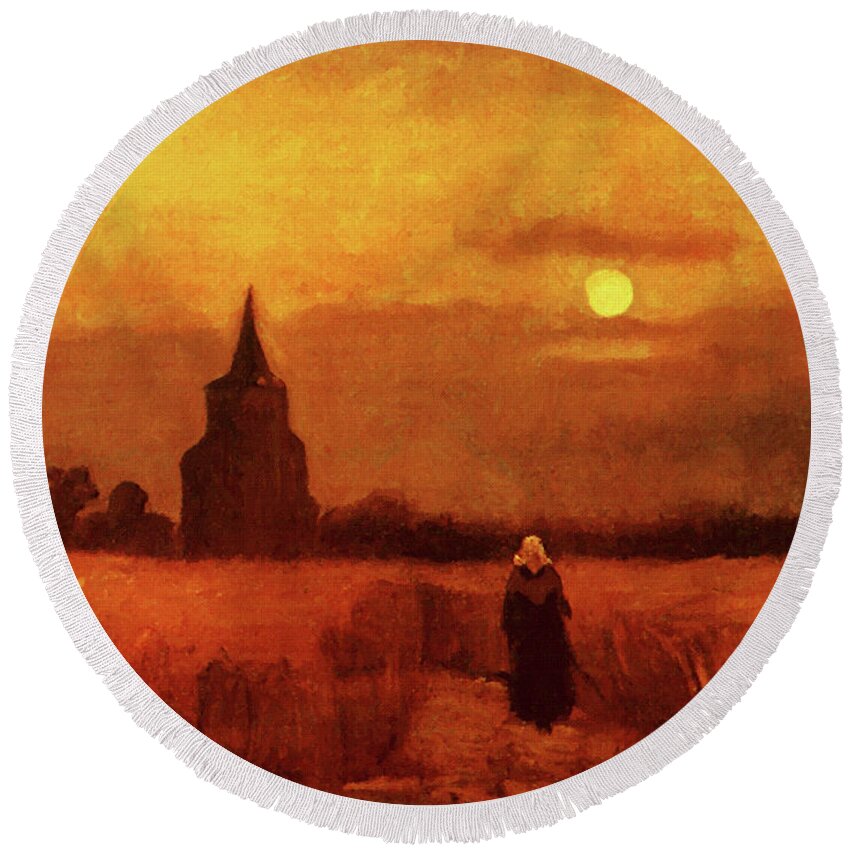 Vincent Van Gogh Round Beach Towel featuring the painting The Old Tower In The Fields by Vincent Van Gogh