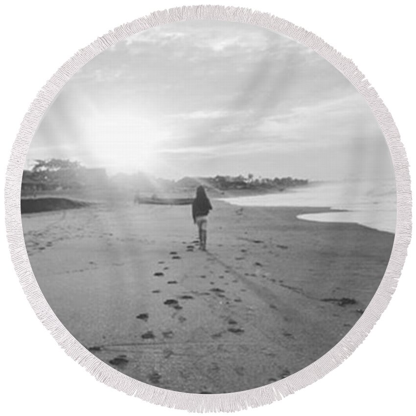 Black And White Round Beach Towel featuring the photograph Walking on The Beach by Maria Marganingsih