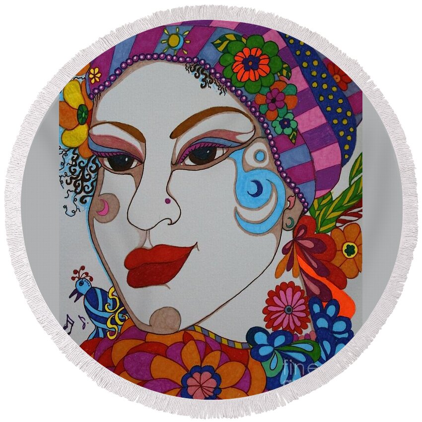 Females Round Beach Towel featuring the drawing The Opera Singer by Alison Caltrider