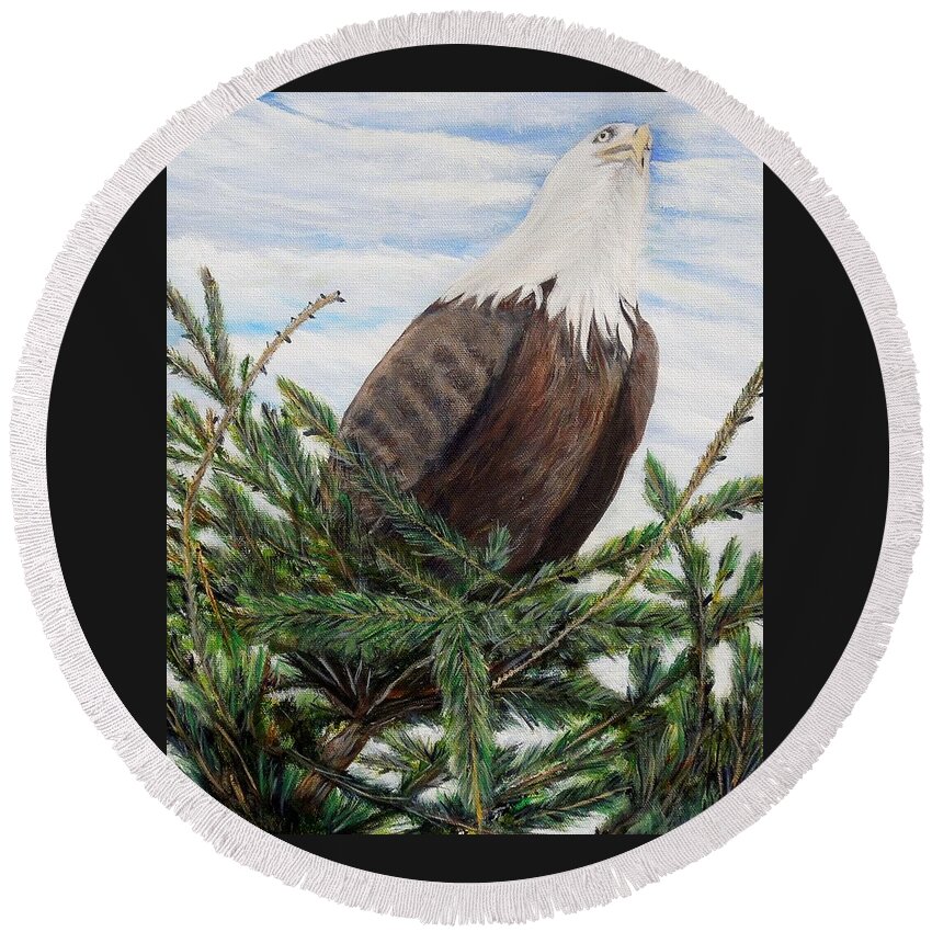 Eagle Round Beach Towel featuring the painting The Oversee'er by Marilyn McNish
