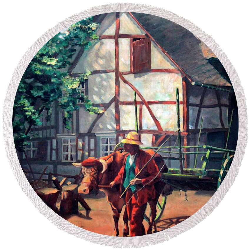 Oxcart Painting Round Beach Towel featuring the painting The Ox Cart by Hanne Lore Koehler