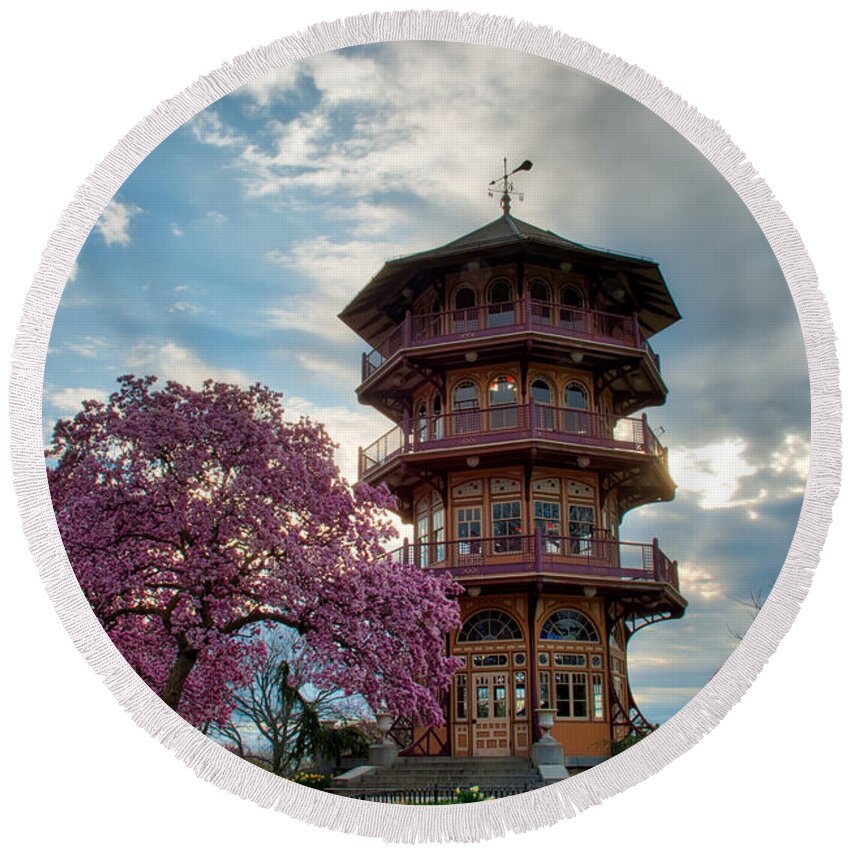 American Kiwi Photo Round Beach Towel featuring the photograph The Pagoda in Spring by Mark Dodd