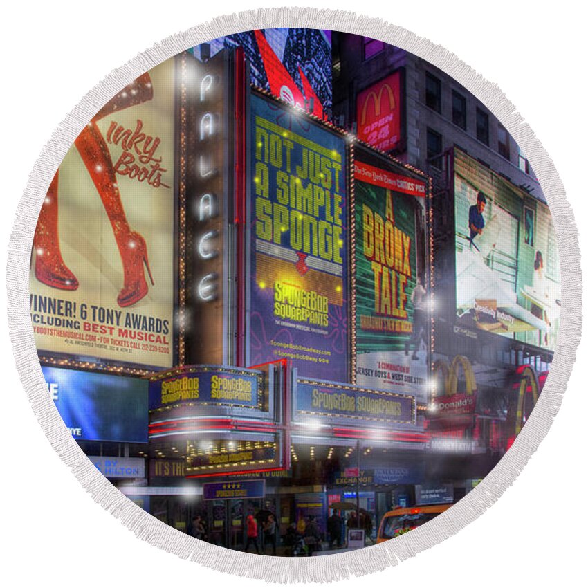 Palace Theater Round Beach Towel featuring the photograph The Palace Theater in Times Square by Mark Andrew Thomas