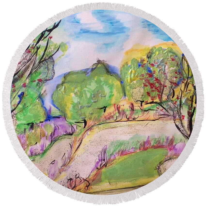 Stream Round Beach Towel featuring the painting The path by the stream by Judith Desrosiers
