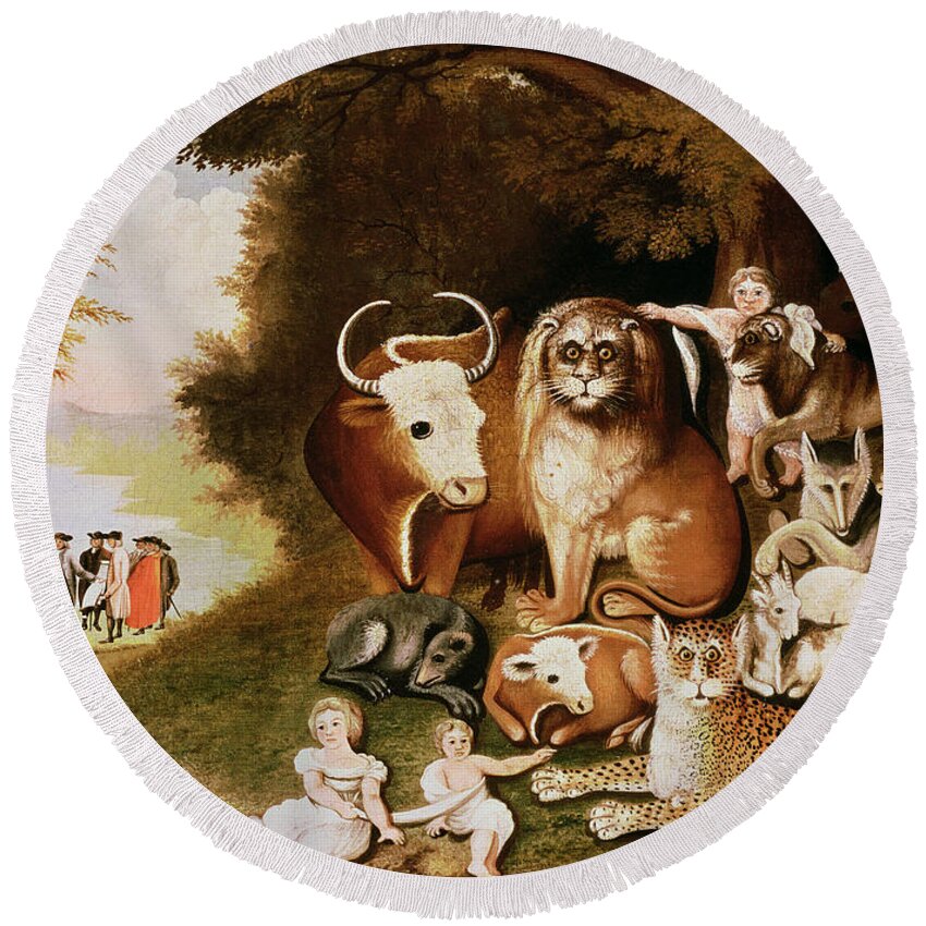 The Round Beach Towel featuring the painting The Peaceable Kingdom by Edward Hicks