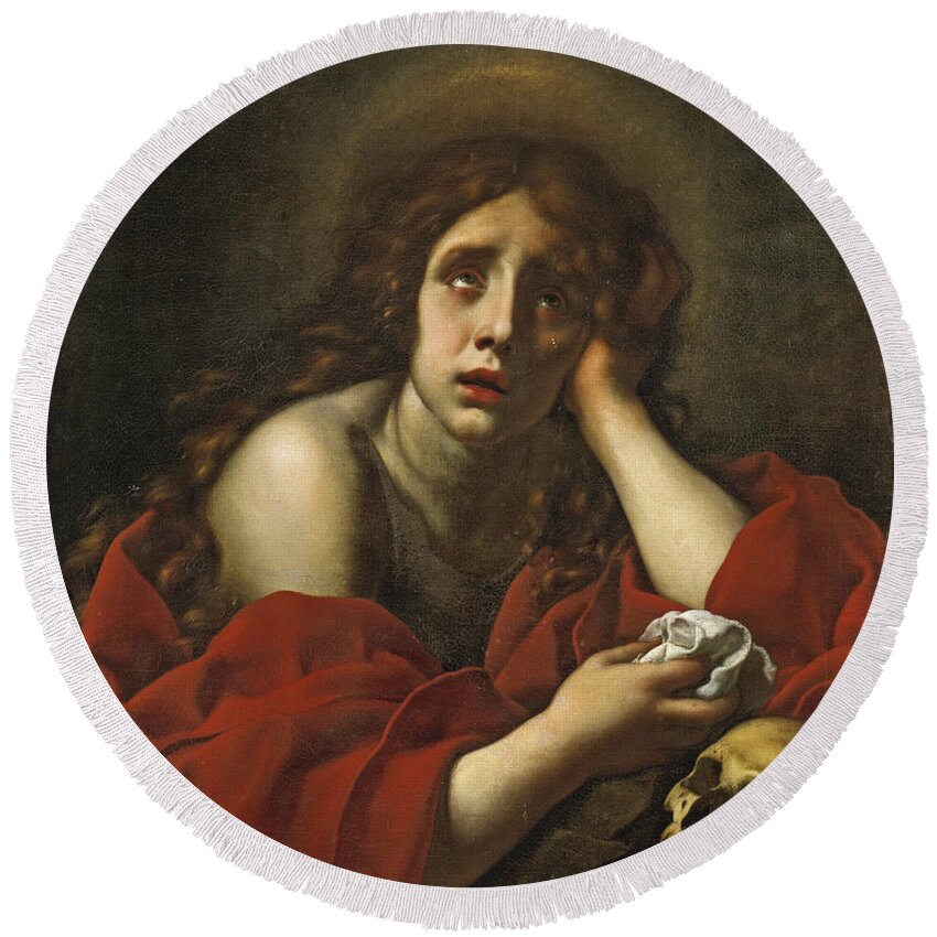 Carlo Dolci Round Beach Towel featuring the painting The Penitent Mary Magdalene by Carlo Dolci