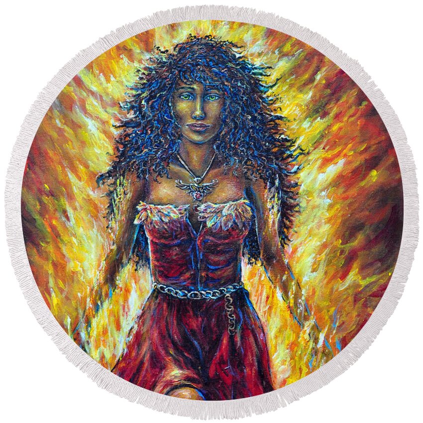 Fantasy Figurative Female Phoenix Fire Red Yellow Strength Passion Round Beach Towel featuring the painting The Phoenix by Gail Butler