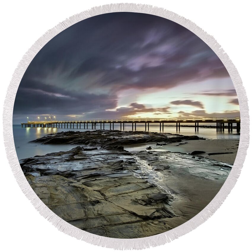 Sunrise Round Beach Towel featuring the photograph The Pier @ Lorne by Mark Lucey