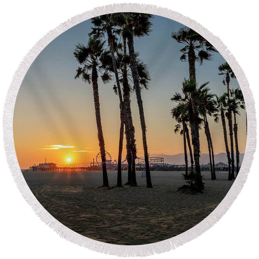 Santa Monica Pier Round Beach Towel featuring the photograph The Pier At Sunset - Square by Gene Parks