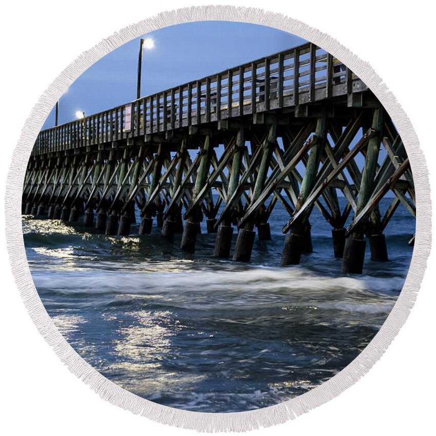 Cherry Grove Round Beach Towel featuring the photograph The Pier at the Break of Dawn by David Smith
