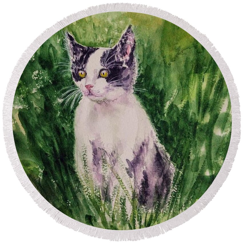 Kittne Round Beach Towel featuring the painting The playful kitten 3 by Asha Sudhaker Shenoy
