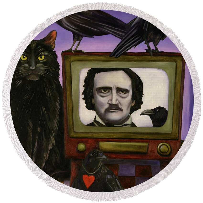 Edgar Allan Poe Round Beach Towel featuring the painting The Poe Show by Leah Saulnier The Painting Maniac