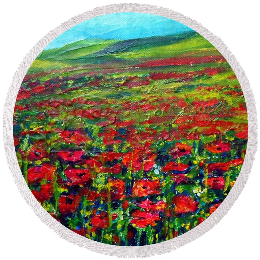 Poppies Round Beach Towel featuring the painting The Poppy fields by Asha Sudhaker Shenoy