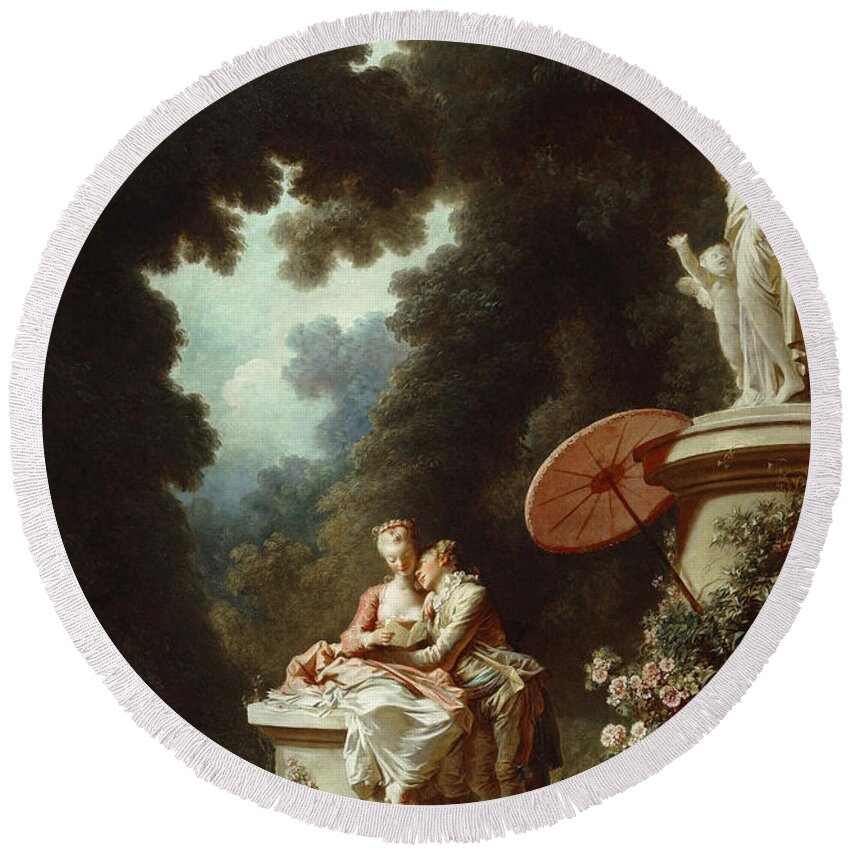 Jean-honore Fragonard Round Beach Towel featuring the painting The Progress of Love. Love Letters by Jean-Honore Fragonard