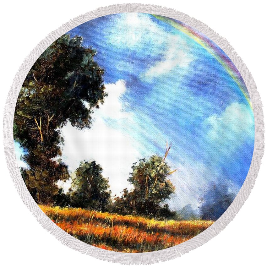 Rainbow Round Beach Towel featuring the painting The Promise by Hazel Holland