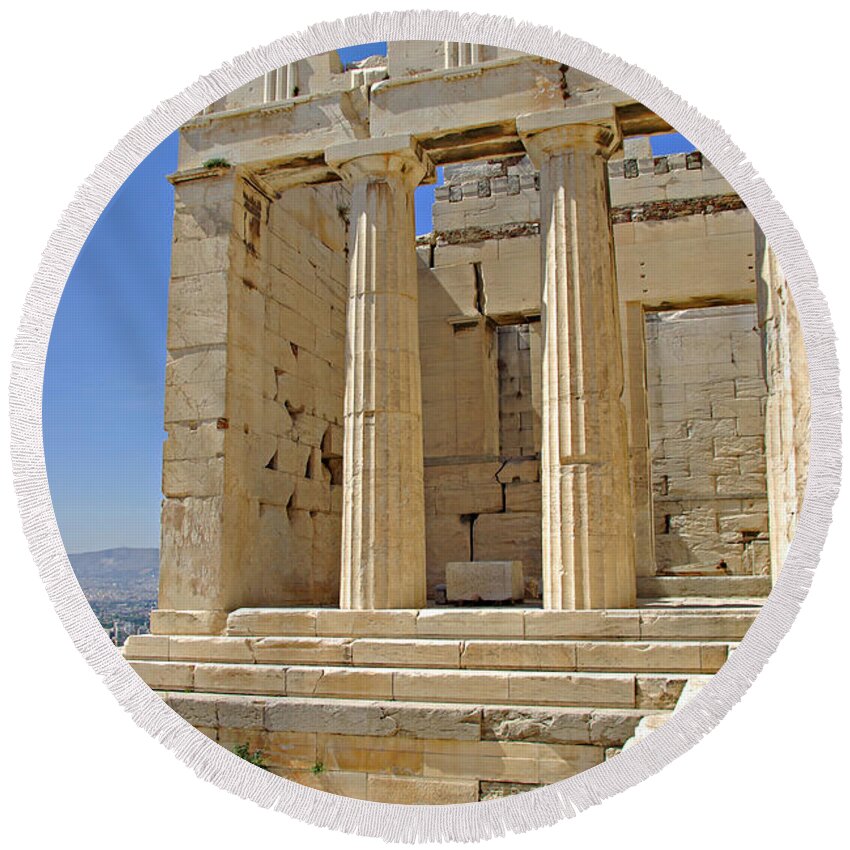 Greece Round Beach Towel featuring the photograph The Propylaia In Athens     The Propylaia - vertical                  by Rich Walter