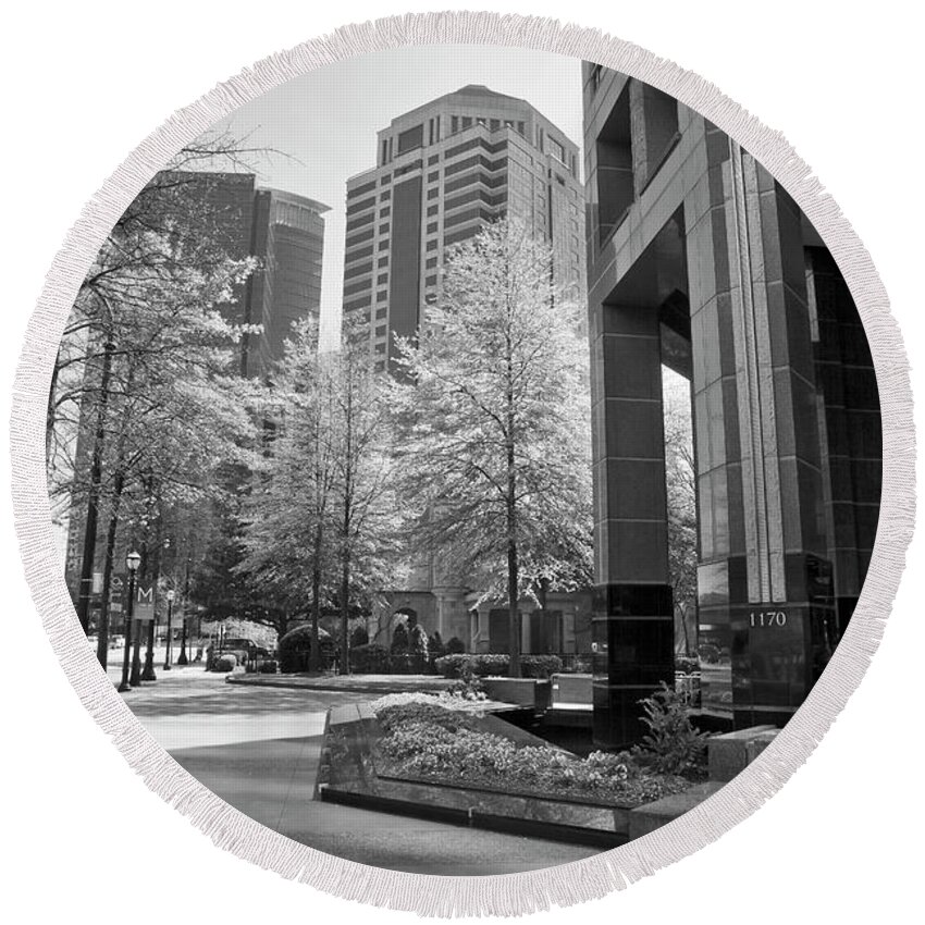 Midtown Atlanta Round Beach Towel featuring the photograph The Proscenium in Midtown Atlanta in B and W by Jill Lang