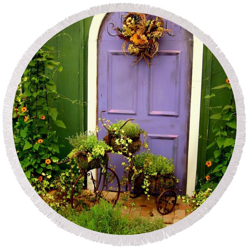 Purple Round Beach Towel featuring the photograph The Purple Door by Michiale Schneider