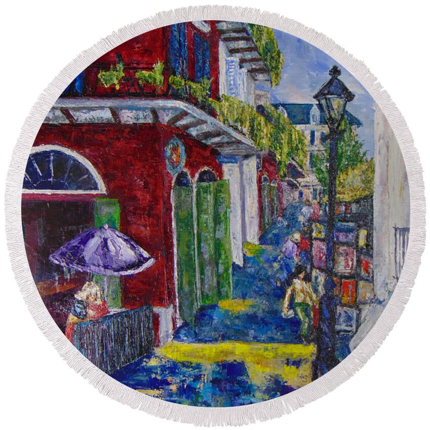 Cityscape Round Beach Towel featuring the painting The Purple Umbrella    Pirates Alley by Beverly Boulet