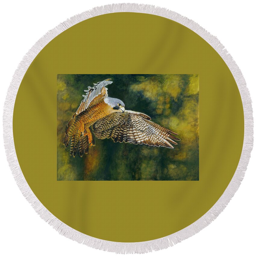 Bird Round Beach Towel featuring the painting The Pursuit by Carol McCarty