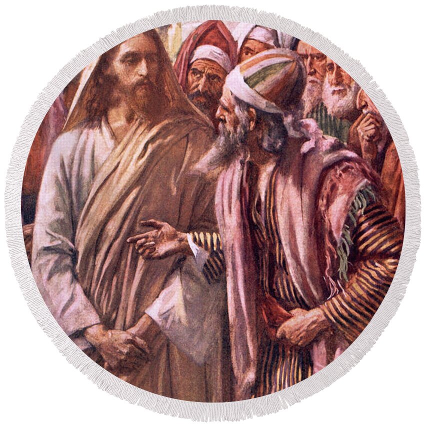 Christ Round Beach Towel featuring the painting The question of the Sadducees by Harold Copping