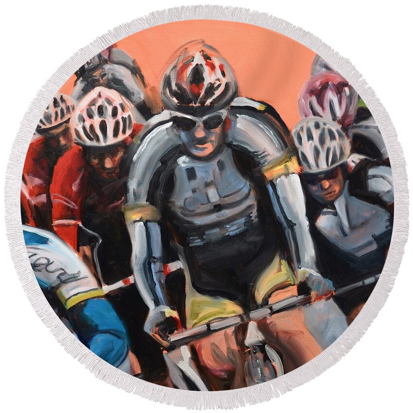 Bike Race Round Beach Towel featuring the painting The Race by Donna Tuten