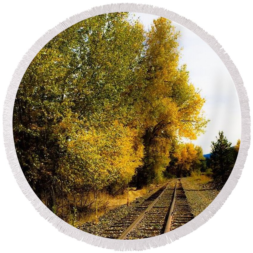 Railroad Round Beach Towel featuring the photograph The Rail to Home by Jennifer Lake