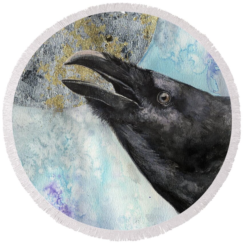 Raven Round Beach Towel featuring the painting Raven and the Moon 2017 03 09 by Ang El