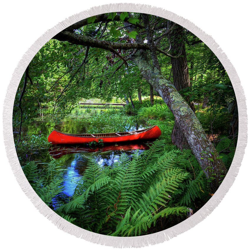 Canoe Under The Canopy Round Beach Towel featuring the photograph The Red Canoe on the Lake by David Patterson