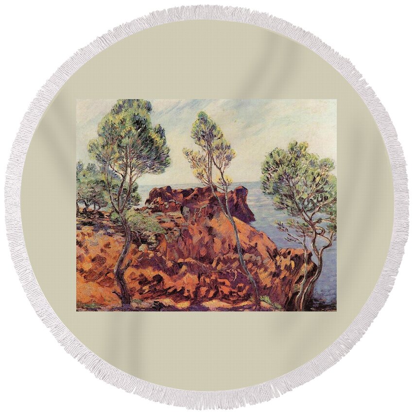 Agay - The Red Rocks Round Beach Towel featuring the painting the Red Rocks by Armand Guillaumin