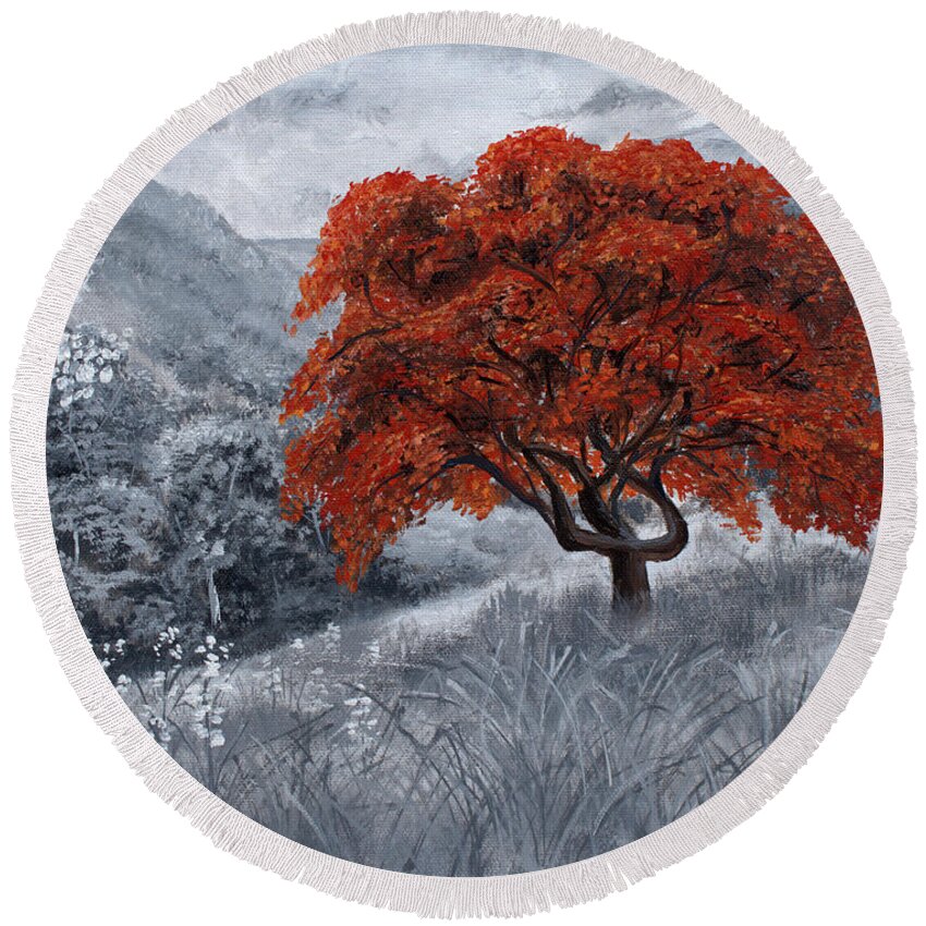 Grayscale Round Beach Towel featuring the painting The Red Tree by Stephen Krieger