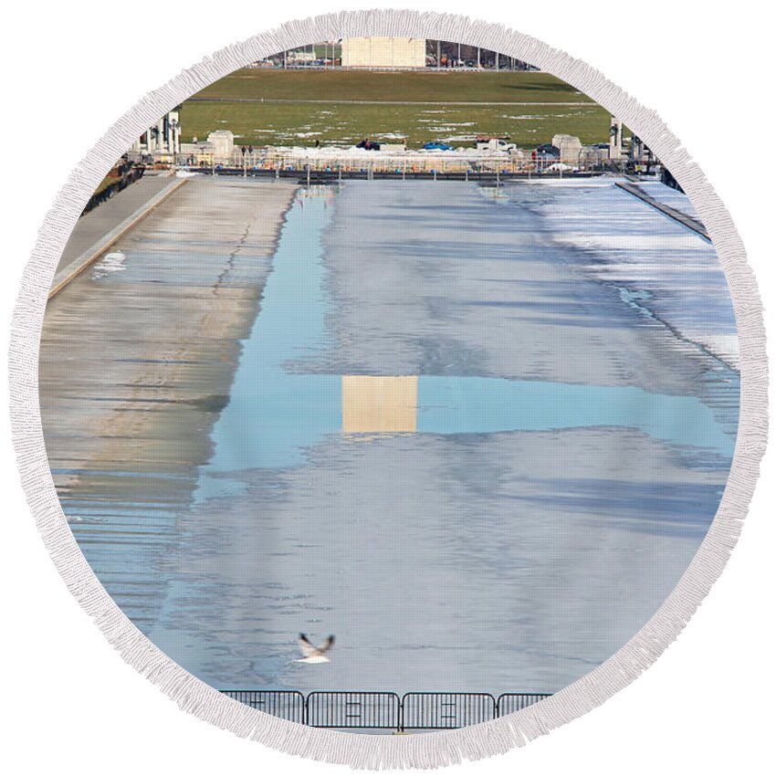 Reflecting Round Beach Towel featuring the photograph The Reflecting Pool After A Snow Storm by Cora Wandel
