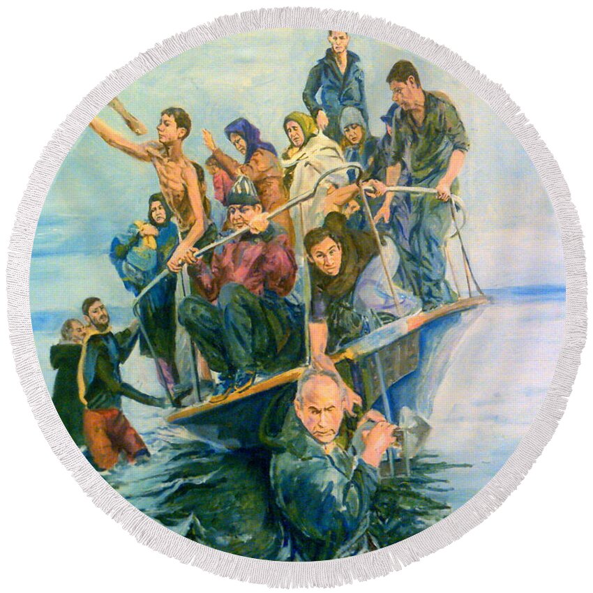 Refugees Round Beach Towel featuring the painting The Refugees Seek The Shore by Rosanne Gartner