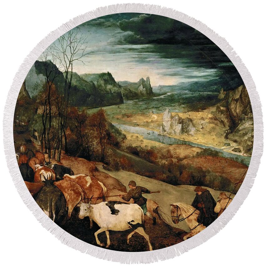 Netherlandish Painters Round Beach Towel featuring the painting The Return of the Herd by Pieter Bruegel the Elder