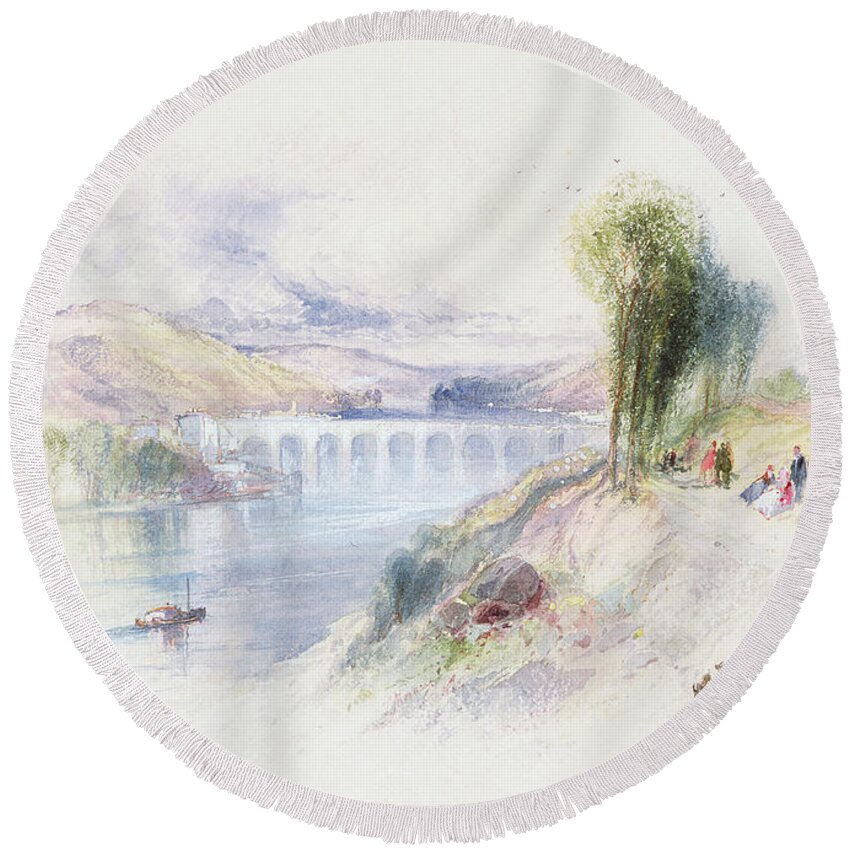 The River Schuykill (w/c On Paper) By Thomas Moran (1837-1926) Landscape; Woods; Tree; Landscapes Round Beach Towel featuring the painting The River Schuykill by Thomas Moran