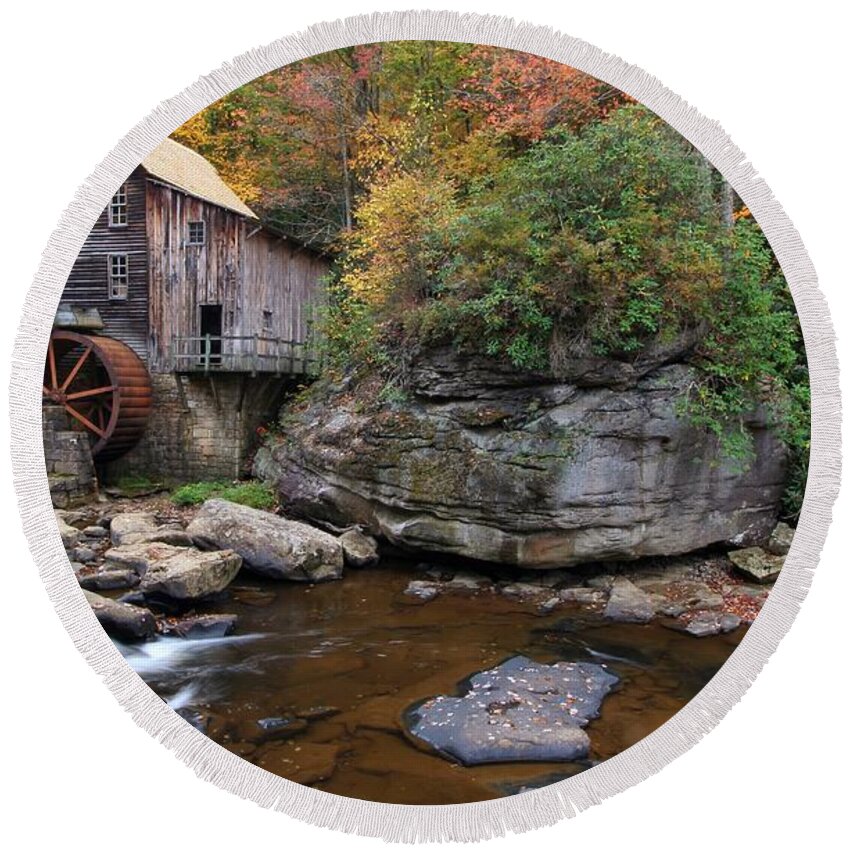 Glade Creek Grist Mill Round Beach Towel featuring the photograph The Rock at Glade Creek Grist Mill by Chris Berrier
