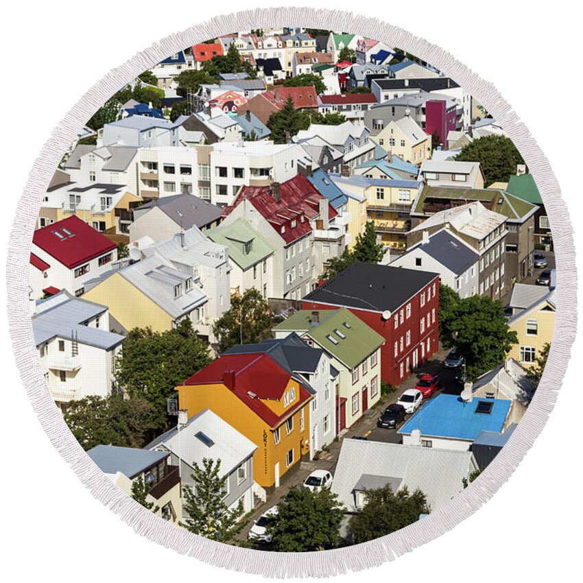 Capital Cities Round Beach Towel featuring the photograph The roofs of Reykjavik by Didier Marti