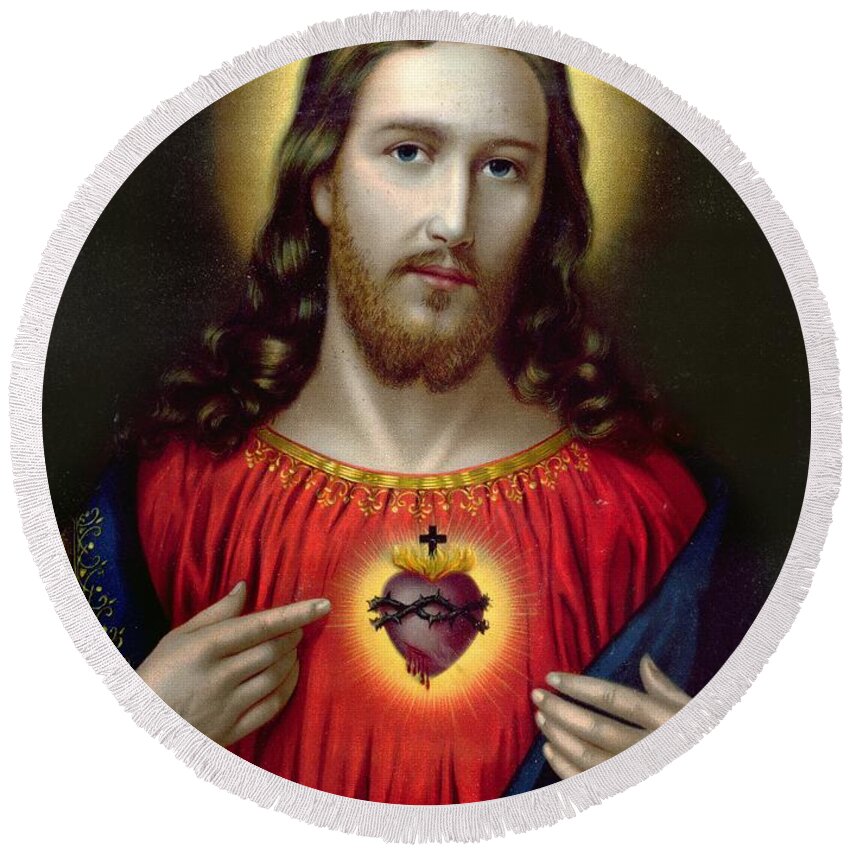 Jesus Round Beach Towel featuring the painting The Sacred Heart of Jesus by English School