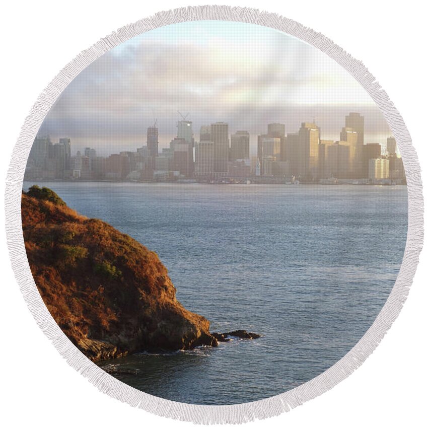 San Round Beach Towel featuring the photograph The San Francisco Skyline From Treasure Island by Toby McGuire