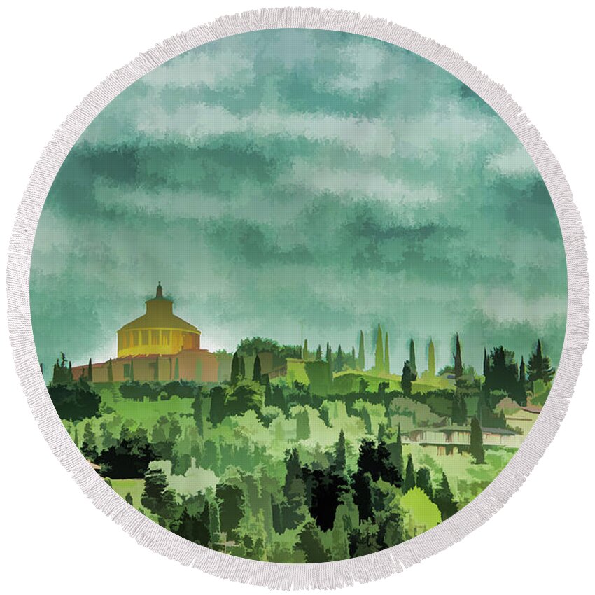  Sanctuary Round Beach Towel featuring the digital art The sanctuary of Our Lady of Lourdes Painterly Version by Lisa Lemmons-Powers