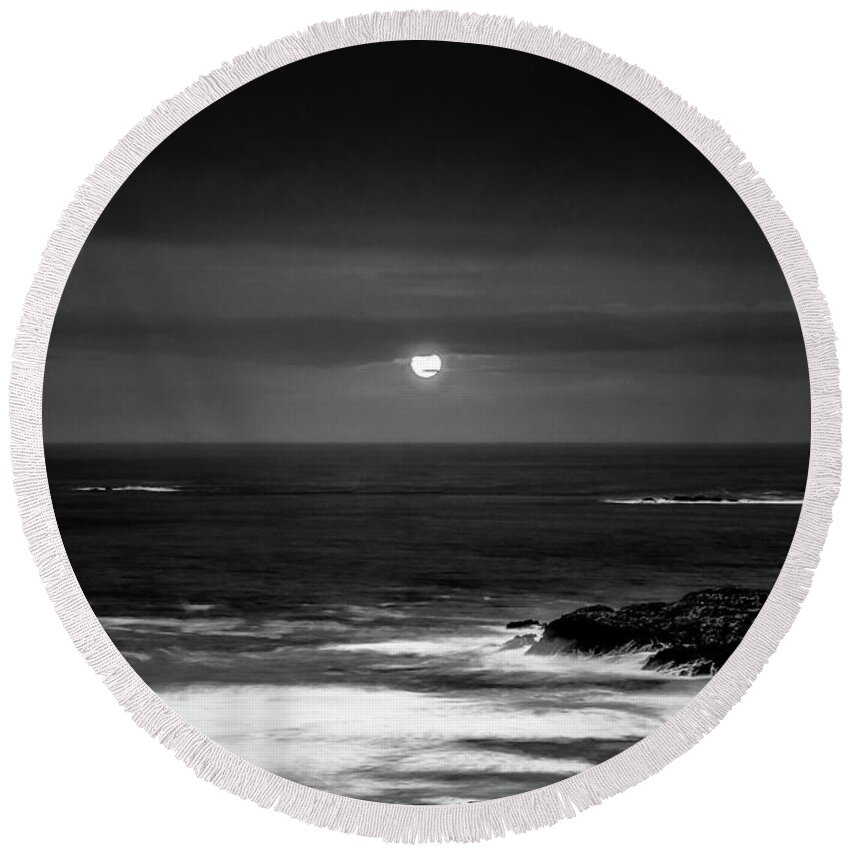 The Sea By Night Round Beach Towel featuring the photograph The Sea by Night by Martina Fagan