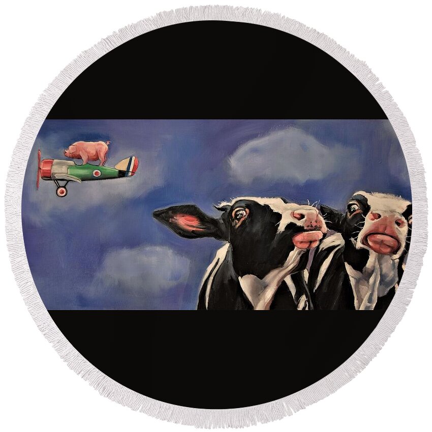 Cows Round Beach Towel featuring the painting The Second Great Escape by Jean Cormier